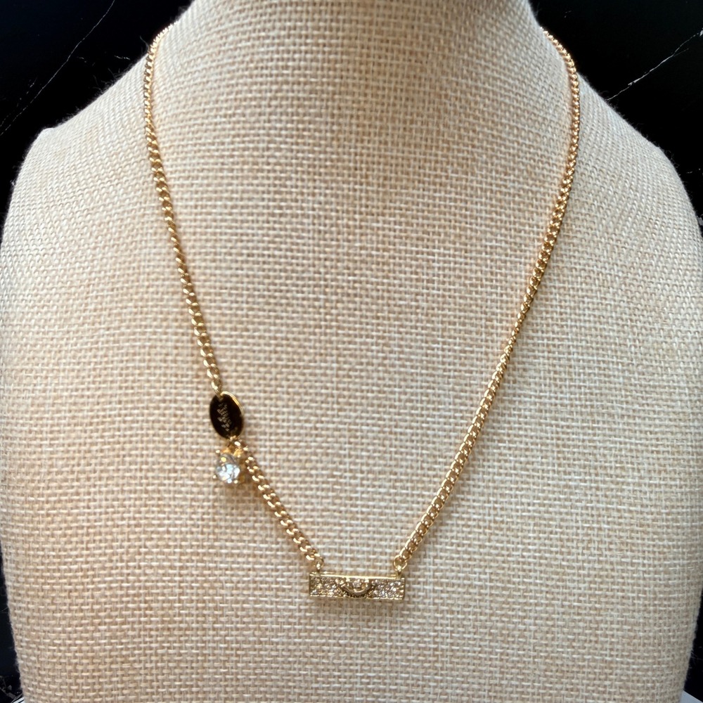 Juicy Couture Gold Tone Pave Bar Crown Logo Crystal Charm Necklace